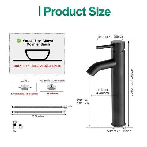 Product size diagram for Chrome Vessel Sink Faucet Tall Modern Design With Single Handle One Hole Mount.