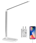 Eye Caring LED Desk Lamp With USB Charging Port, Touch Dimmable Office Light, Memory And Timer, Flicker Free, 5 Color Modes And 5 Brightness Levels, 50,000 Hour LED, Foldable Lamp For Reading Studying And Working, shown in white with USB port and smartphone charging