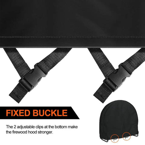 Close-up of Outdoor Waterproof Log Rack Cover Heavy Duty Windproof UV Resistant Tarp with adjustable buckles and cover detail