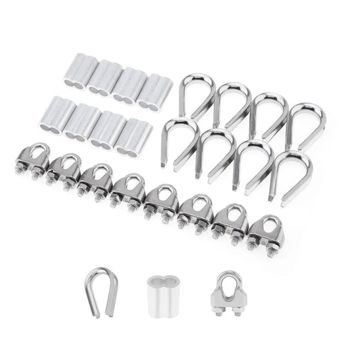 24 Piece M8 Wire Rope Cable Clamp Ferrule Kit With Eight Five Sixteenth Inch Clamps, Eight Stainless Steel Thimbles, And Eight Crimping Loop Sleeves In 304 Stainless For Rigging, DIY, Marine, And Outdoor Projects.