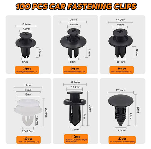135 Piece Universal Car Bumper Retainer Clips Kit With Six Sizes Of Fasteners including various clip dimensions and types.