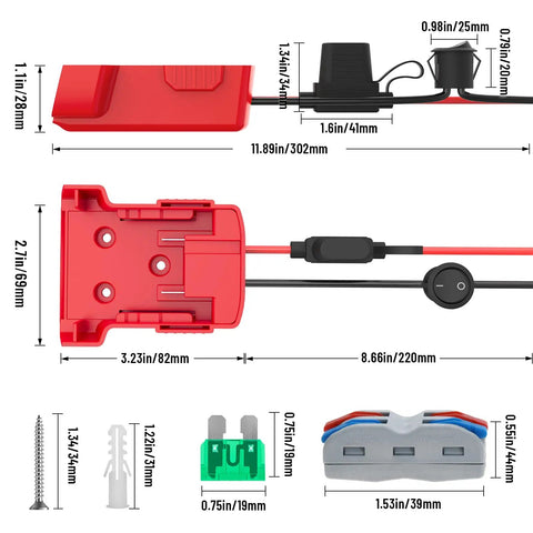 Dimensions of Two Pack Power Wheel Adapter For Milwaukee 18V Battery, Wheel Battery Converter Kit with Fuse, Switch.