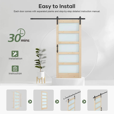 Glass Sliding Barn Door Kit 34 By 84 Inch With Six Feet Of Hardware Included Five Panel Frosted Glass In Spruce Wood Frame