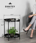 2 Tier End Table With Removable Tray, Metal Side Table for Living Room, Bedroom, Balcony, Patio Or Office, Black, with plant and mug