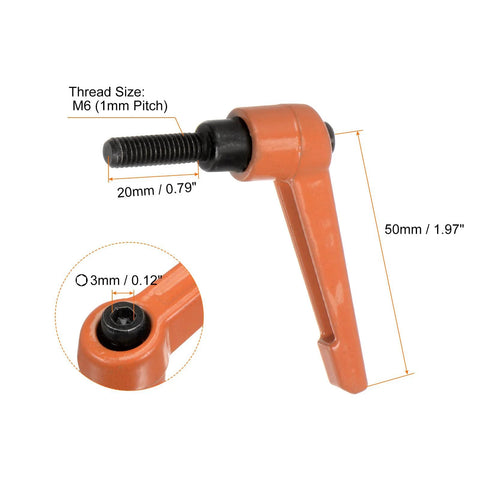 Orange 4 Pcs Adjustable Clamping Lever Handles M6 20mm Male Thread Bolt Knobs with measurements visible