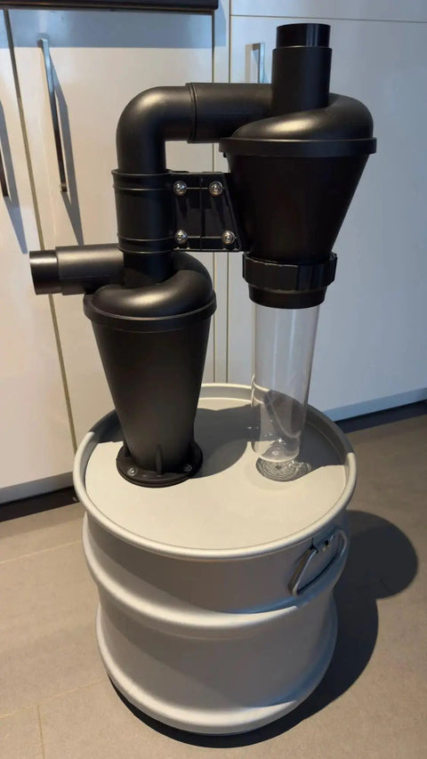 Double Filtration Cyclone Dust Collector for Woodworking, 2 Inch OD DIY Turbocharged Filter System on metal canister.