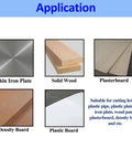 Rannb 8-inch hole saw kit; application shows five materials: thin iron plate, solid wood, plasterboard, density board, plastic board