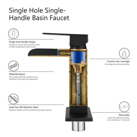 Diagram of Matte Black Waterfall Single Handle Bathroom Faucet With Pop Up Drain Single Hole Vanity Tap 304 Stainless Steel