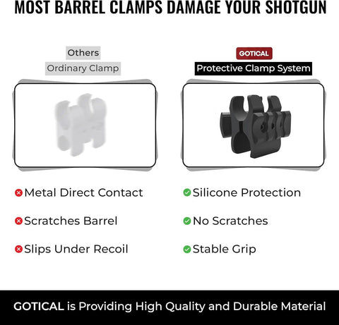 Comparison of ordinary clamp vs. Rugged Shotgun Barrel Clamp Mount With Rubber Pads For 12 Gauge Guns showing advantages such as silicone protection.