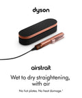 Airstrait Wet To Dry Hair Straightener with no heat damage and no hot plates, copper and black design shown with cable and case.