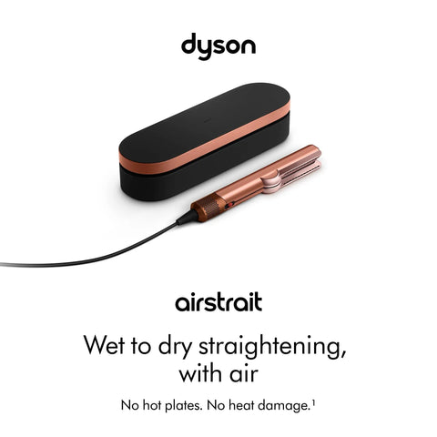 Airstrait Wet To Dry Hair Straightener with no heat damage and no hot plates, copper and black design shown with cable and case.