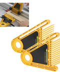 No Sweat Plastic Featherboard For Table Saws Router Tables And Band Saws Non Marking Hold Down Tool securing wood on a cutting table.