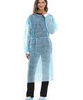 Woman wearing Disposable Isolation Gown Polypropylene Lab Gown With Knit Cuff Long Sleeve Lightweight Yet Durable One Size Fits Most