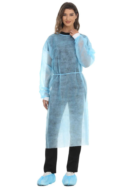 Woman wearing Disposable Isolation Gown Polypropylene Lab Gown With Knit Cuff Long Sleeve Lightweight Yet Durable One Size Fits Most