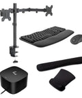 Thunderbolt 4 Dock With 120 Watt Fast Charging And 4K Video Output Paired With A Rugged Desk Mount Dual Monitor Stand Plus Wireless Keyboard Mouse Combo and plush gel wrist rests.