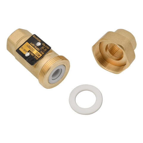 HYDRO MASTER brass dual check valve, 1/2 inch FNPT, solid brass; disassembled view showing valve body, threaded nut, and white gasket.