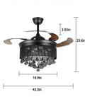 Total Game Changer 42 Inch Black Crystal Ceiling Fan With Adjustable Led Light And Wireless Remote 3 Speed overhead view with dimensions.