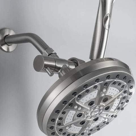 High Pressure Dual Shower System With Handheld And Rain Head, Brushed Nickel finish, close-up showing shower head nozzles