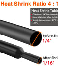 Heat Shrink Tubing Kit With Four To One Ratio Six Sizes 258 Piece Pro Grade Marine Adhesive Lined Waterproof Industrial Tubing Black showcasing shrink process with 1/4" and 1/16" sizes