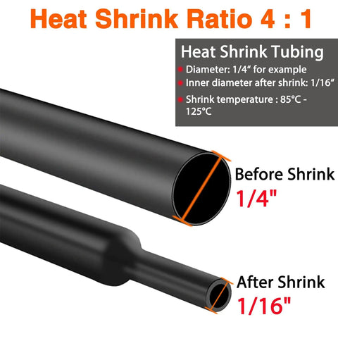 Heat Shrink Tubing Kit With Four To One Ratio Six Sizes 258 Piece Pro Grade Marine Adhesive Lined Waterproof Industrial Tubing Black showcasing shrink process with 1/4" and 1/16" sizes