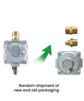 Front view of FENDITEK 1/2 in natural gas and LPG pressure regulator with two brass 1/2 in NPT adapters