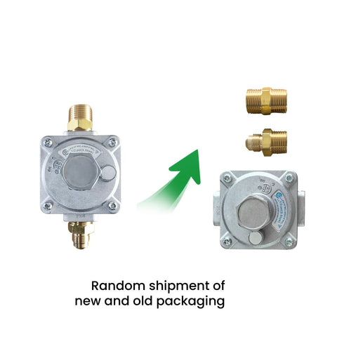 Front view of FENDITEK 1/2 in natural gas and LPG pressure regulator with two brass 1/2 in NPT adapters