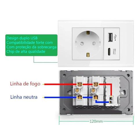 Straight Up Rock Solid EU Schuko Wall Socket Featuring A Smooth Tap Power Switch And Dead Simple USB Type C Charging Port Crafted From Scratch Proof Glass Panel For Modern Living Spaces, showing top and back views.