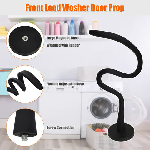 Magnetic Front Load Washer Door Prop with flexible hose and 66mm magnet base, showing adjustable, rustproof design.