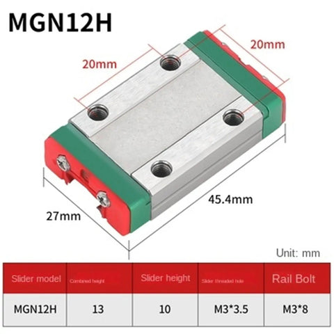 MGN12H Linear Guide Rail Block Set, 12mm diameter, dimensions 45.4mm x 27mm, designed for CNC build precision sliding.