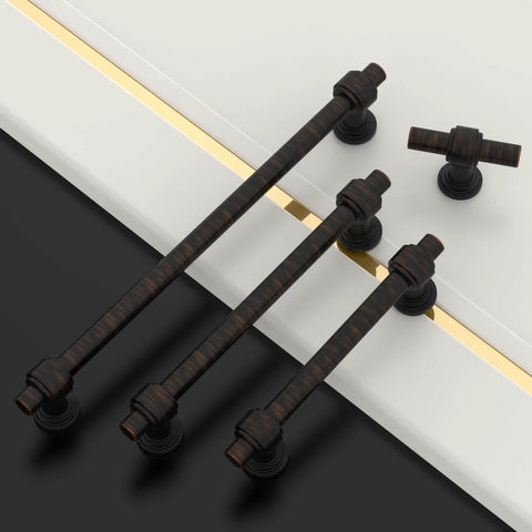 10 Pack 3.75 Inch 96mm Oil Rubbed Bronze Cabinet Handles for kitchen cabinets displayed on black and white surfaces