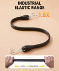Heavy Duty Rubber Bungee Cords Set Featuring 37.8 Inch Max Stretch, 176 Lb Load, 100% EPDM Black Straps And S Hooks, elastic shown