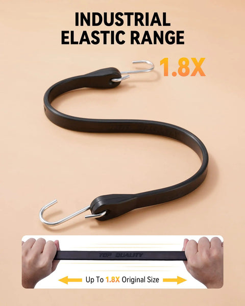 Heavy Duty Rubber Bungee Cords Set Featuring 37.8 Inch Max Stretch, 176 Lb Load, 100% EPDM Black Straps And S Hooks, elastic shown