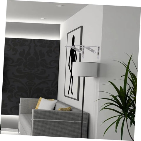 Heavy Duty L Shelf Brackets 6 Pack Stainless Steel Corner Braces mounted on wall in modern living room decor.