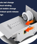 Top Shelf Commercial Electric Sausage Tying Machine Featuring Solid Stainless Steel Build And No Sweat Foot Pedal For Effortless Auto Knotting With Precisely Adjustable Link Sizes showing quick-release bobbin design.