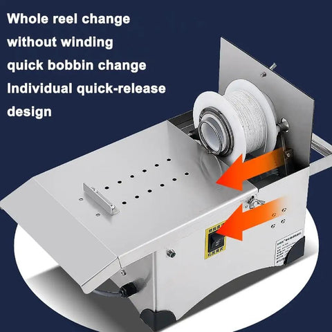 Top Shelf Commercial Electric Sausage Tying Machine Featuring Solid Stainless Steel Build And No Sweat Foot Pedal For Effortless Auto Knotting With Precisely Adjustable Link Sizes showing quick-release bobbin design.