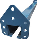Close-up of Blue Enclosed Conveyor Track With Pre Welded Yokes, 5 Foot Trolley Rail for farm and industrial use