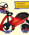 Toddler Wiggle Car Ride On Toy Zero Battery Hassle showing non-slip steering, smooth swivel wheels, and safe curved design.