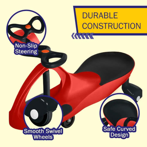 Toddler Wiggle Car Ride On Toy Zero Battery Hassle showing non-slip steering, smooth swivel wheels, and safe curved design.
