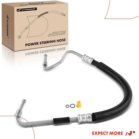 Power Steering Pressure Line Hose Assembly Fits GMC Yukon Yukon XL 1500 2500 Suburban Silverado Cadillac Hummer With O Ring Pump To Hydraulic Brake Booster shown with packaging