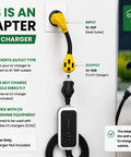 Straight Shot Setup Hella Durable Nema 10 To 50 P To 14 To 50 R Ev Charger Adapter Cable Converter showing input and output specifications.