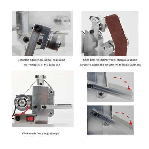 Detailed components of Slick Mini Electric Belt Sander And Heavy Duty Desktop Grinder Rig for DIY polishing and milling.