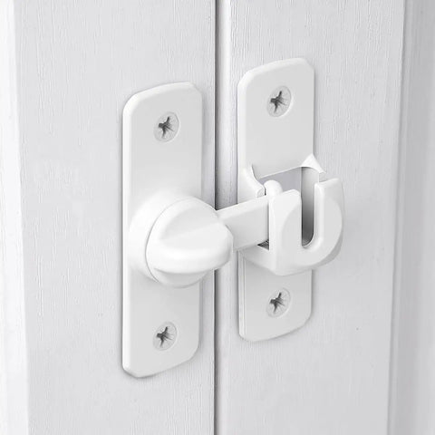 Heavy Duty Aluminum Gate Lock Plus Adjustable Barn Door Latch Featuring Smooth 90 To 180 Degree Swing For Real Deal Home Security Cabinet Catch And Tight Shed Hardware. White latch detail on wooden door.
