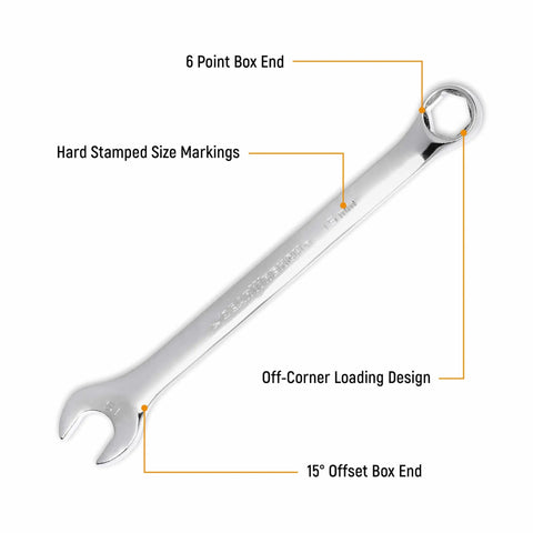 Image of a single wrench from the 28 Piece Combination Wrench Set With 6 Point Box Ends, SAE And Metric, 15 Degree Offset For Tight Spaces.