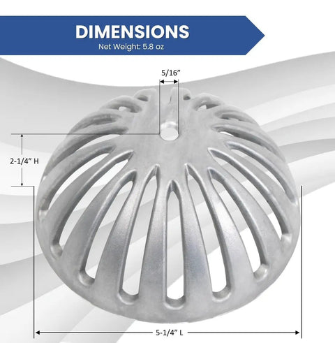 Pro Grade Heavy Duty Aluminum Dome Sink Drain Strainer And Floor Cover, 5-1/4 Inch Diameter, 2-1/4 Inch Tall shown with dimensions