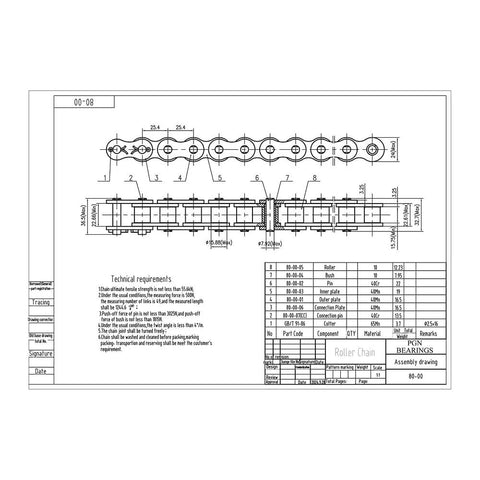 Technical diagram of Beefed Up Heavy Duty 80 Roller Chain 10 Feet With 2 Free Connecting Links Carbon Steel 1 Inch Pitch Single Strand ANSI 80 Chain 119 Links For Gears And Machinery