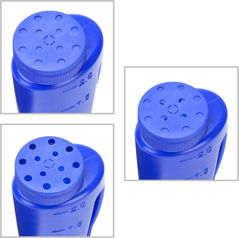 Top view of blue Heavy Duty Hand Held Spreader With Adjustable Hole Size For Seeds Fertilizer Salt Ice Melt showing hole options.