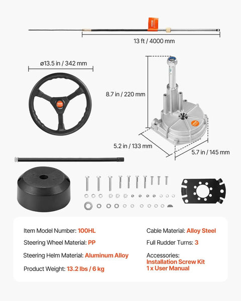 Pro Grade Alloy Marine Boat Steering System Kit With 13 Ft Steering Cable, 13.5 Inch Steering Wheel, 3/4 Inch Tapered Shaft, Rotary Steering For Yachts, Fishing Boats, And More