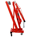 Heavy Duty 2 Ton Folding Hydraulic Engine Hoist Cherry Picker Crane showing side view with six wheel base and adjustable boom.