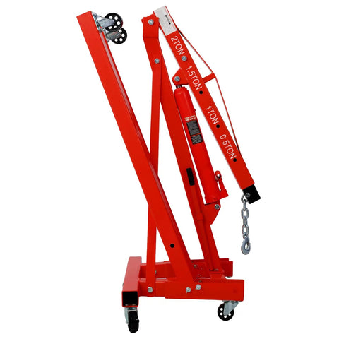 Heavy Duty 2 Ton Folding Hydraulic Engine Hoist Cherry Picker Crane showing side view with six wheel base and adjustable boom.