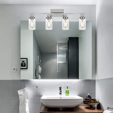Sleek Modern 2 Light Vanity Light Fixture In Matte Black With Clear Glass Shade For Bathroom Hallway Entryway And Stairwell Brushed Nickel Socket Easy Install in a bathroom setting